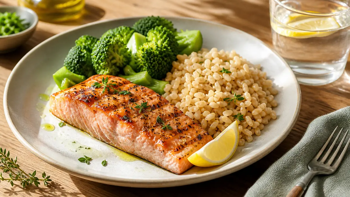 Plato equilibrado con salmón, verduras y arroz integral para cuidar colesterol y triglicéridos