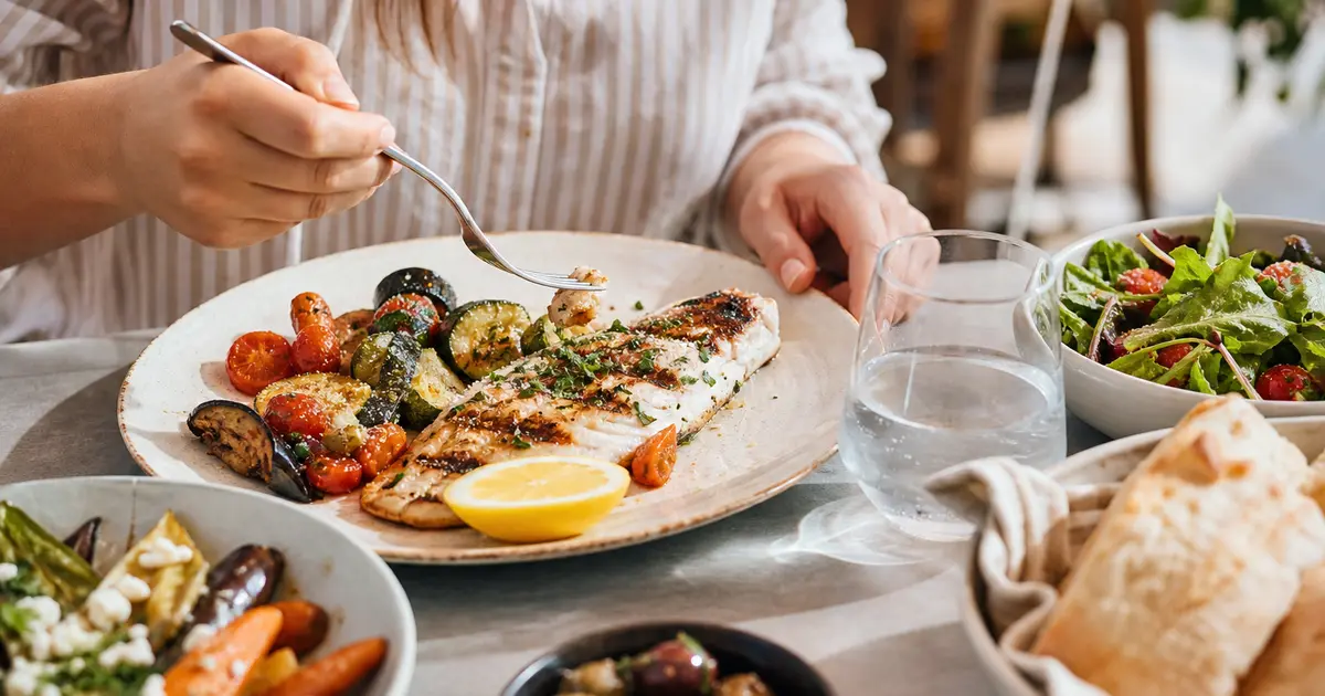 Mesa de restaurante con plato equilibrado de pescado y verduras, comer saludable fuera de casa