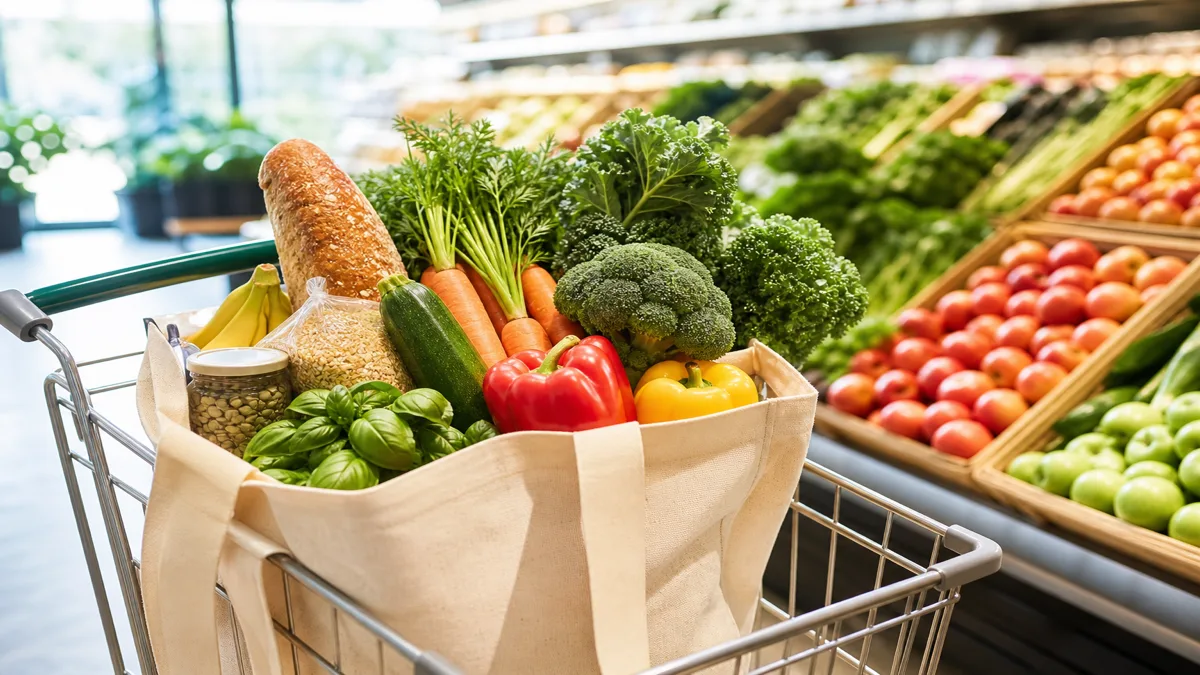 Carrito de compra con verduras frescas, fruta de temporada y alimentos básicos para una semana saludable