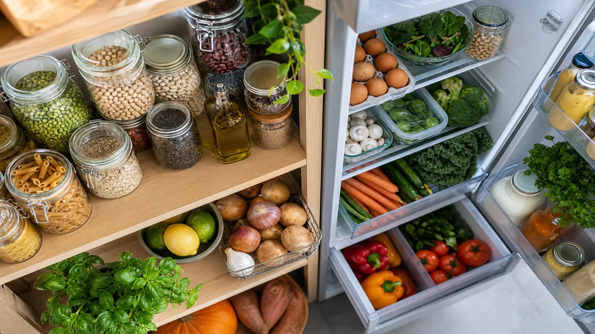 Despensa organizada con legumbres, huevos, verduras de temporada y básicos para cocinar en casa