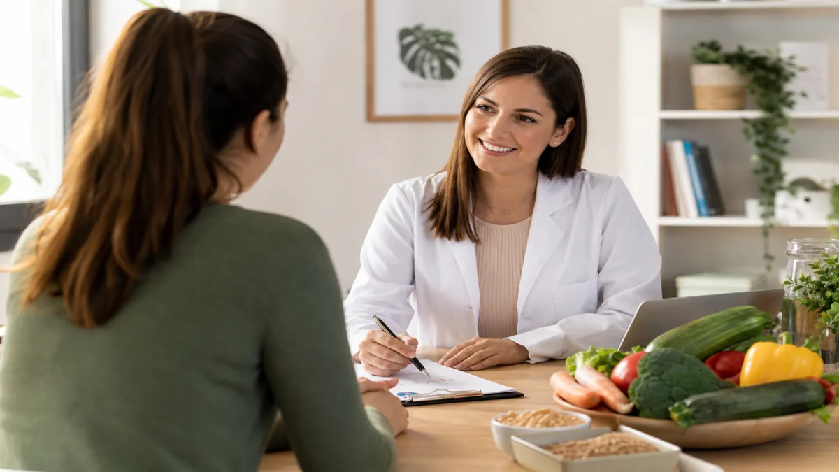 Consulta de nutrición: dietista y paciente revisando un plan alimentario