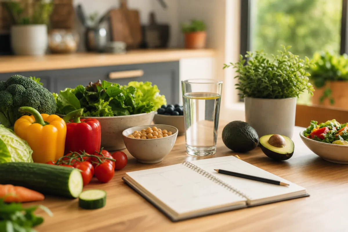 Mesa de cocina con verduras frescas, cuaderno de planificación y vaso de agua