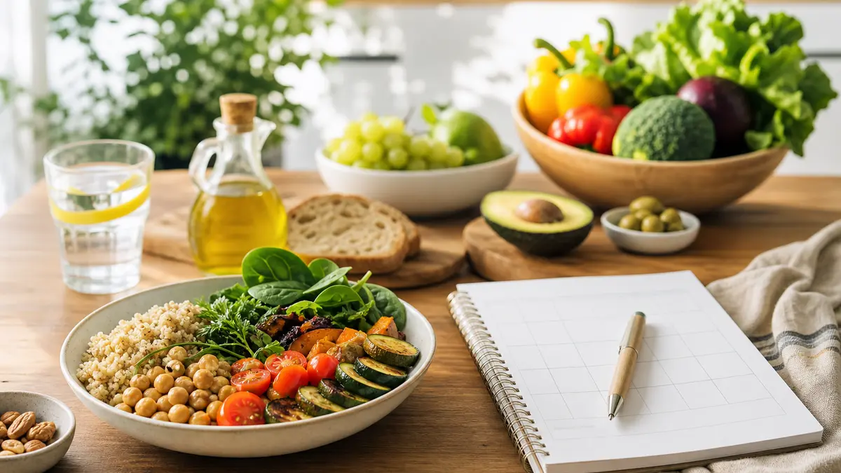 Mesa con comida mediterránea equilibrada y cuaderno de planificación semanal