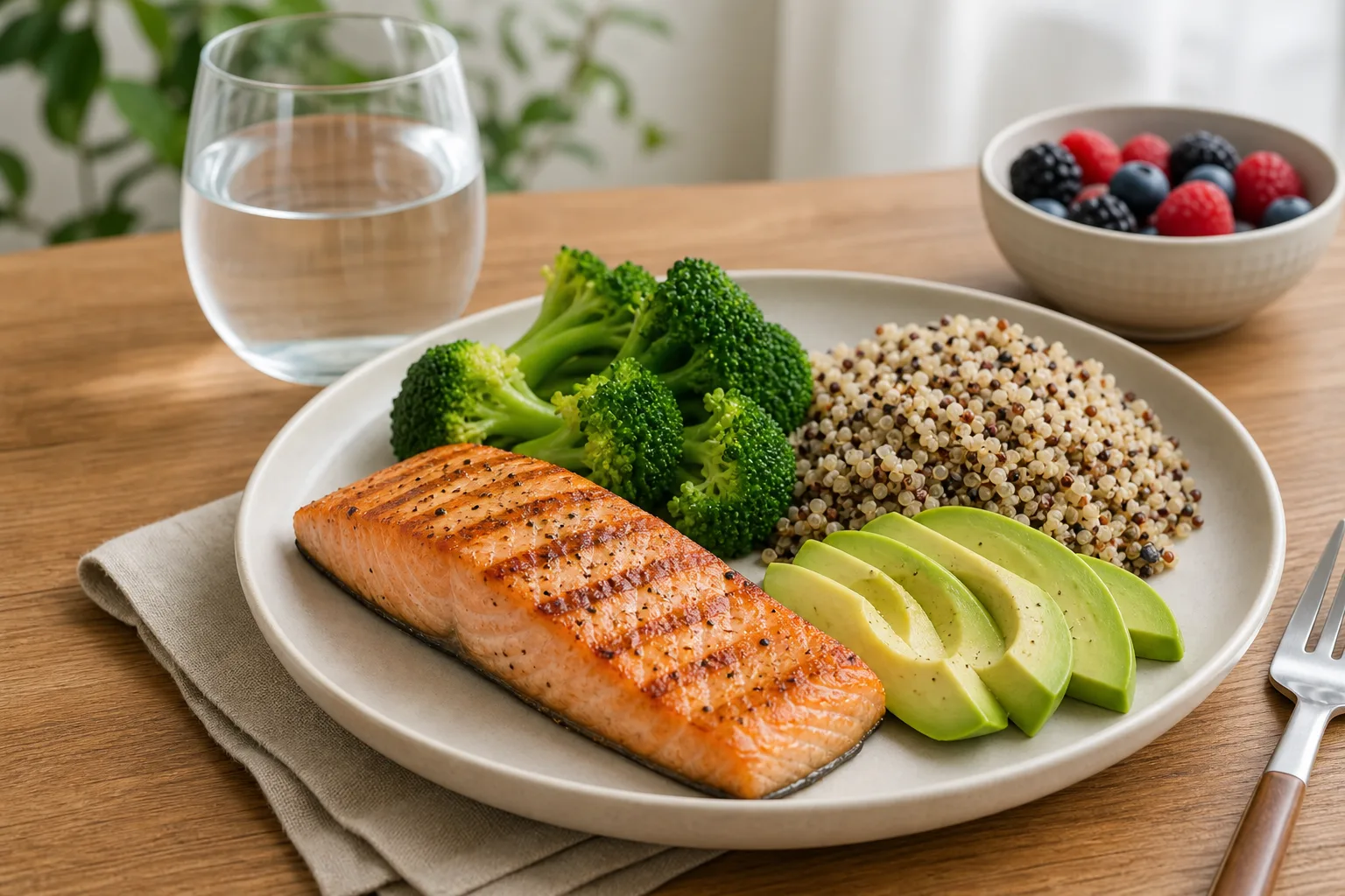 Plato equilibrado para embarazo con salmón, brócoli, quinoa y aguacate