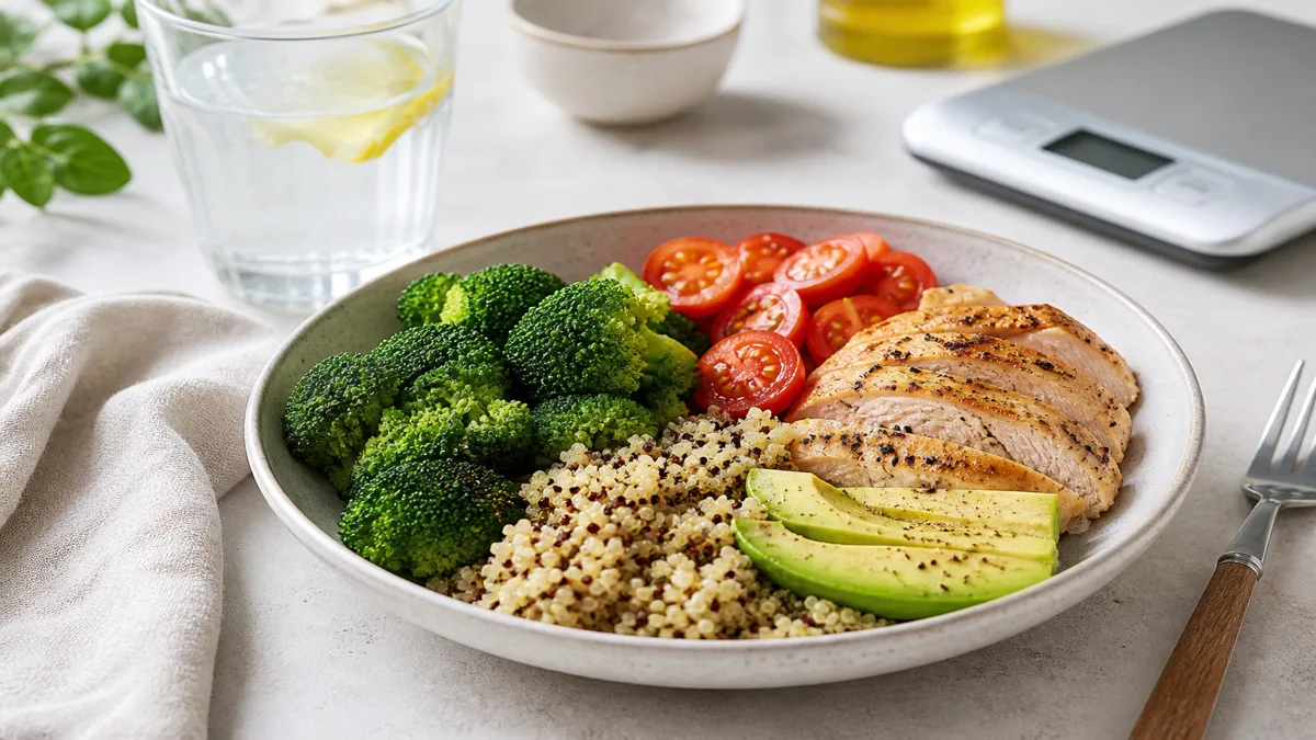 Plato equilibrado con proteína, verduras y agua para una pérdida de peso segura