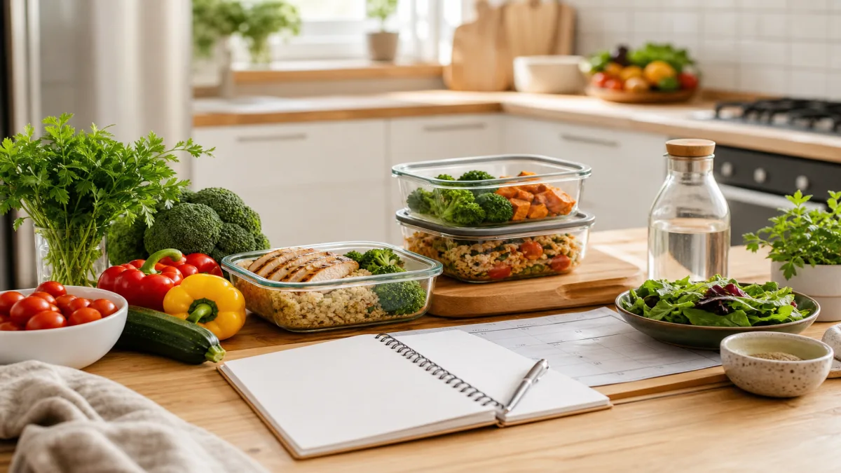Planificación semanal de comidas con cuaderno, verduras frescas y tuppers en la cocina