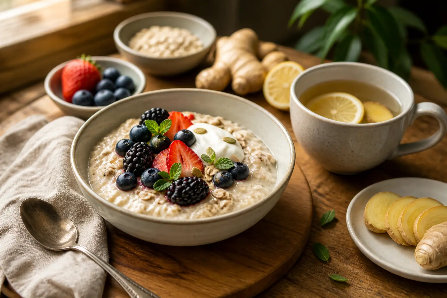 Bowl con alimentos que apoyan la salud digestiva: avena, fruta y té