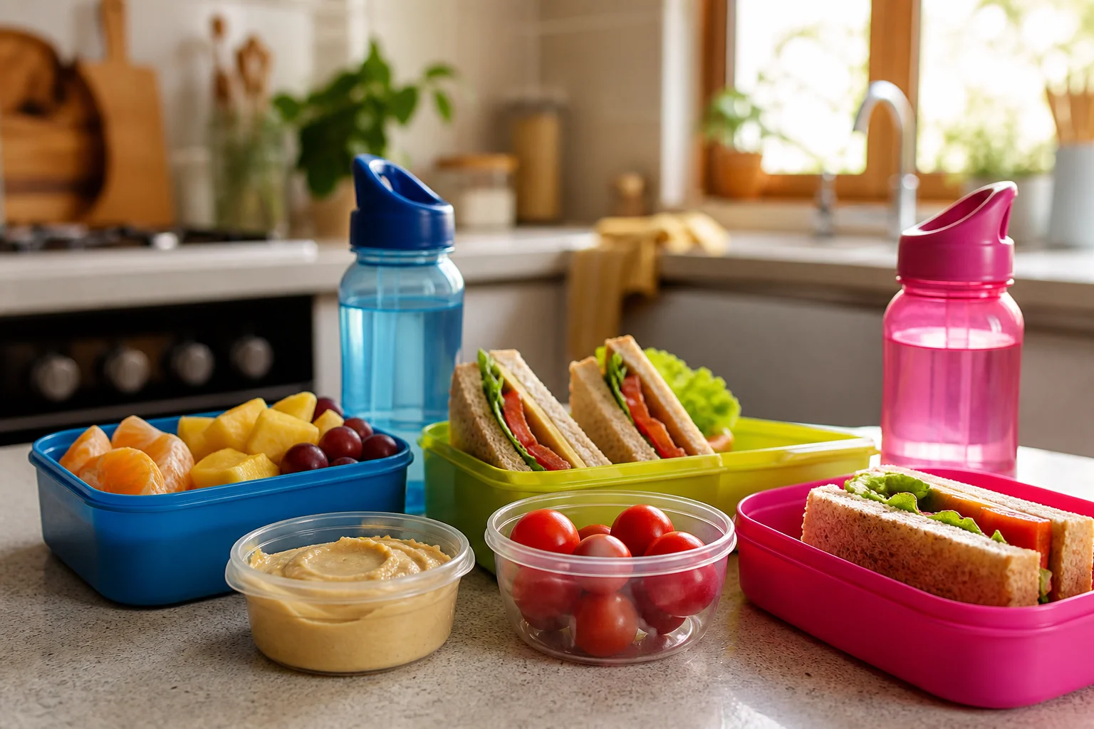 Tuppers infantiles con fruta, hummus, verduras y bocadillo integral preparados para la semana escolar