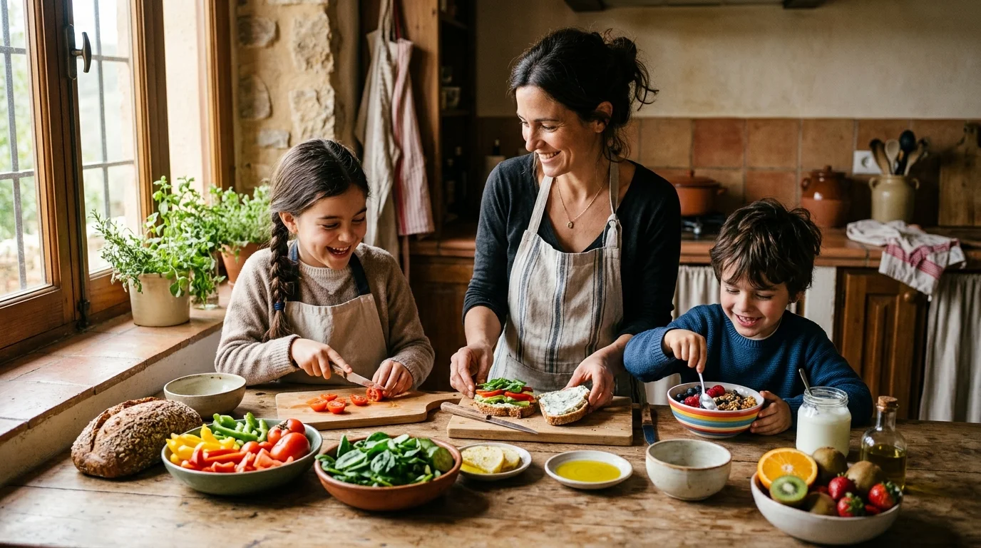 Familia preparando un almuerzo saludable con verduras, fruta y pan integral en cocina