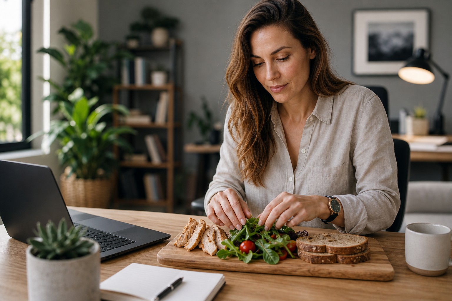 Mujer en despacho de teletrabajo preparando un almuerzo equilibrado junto al portátil
