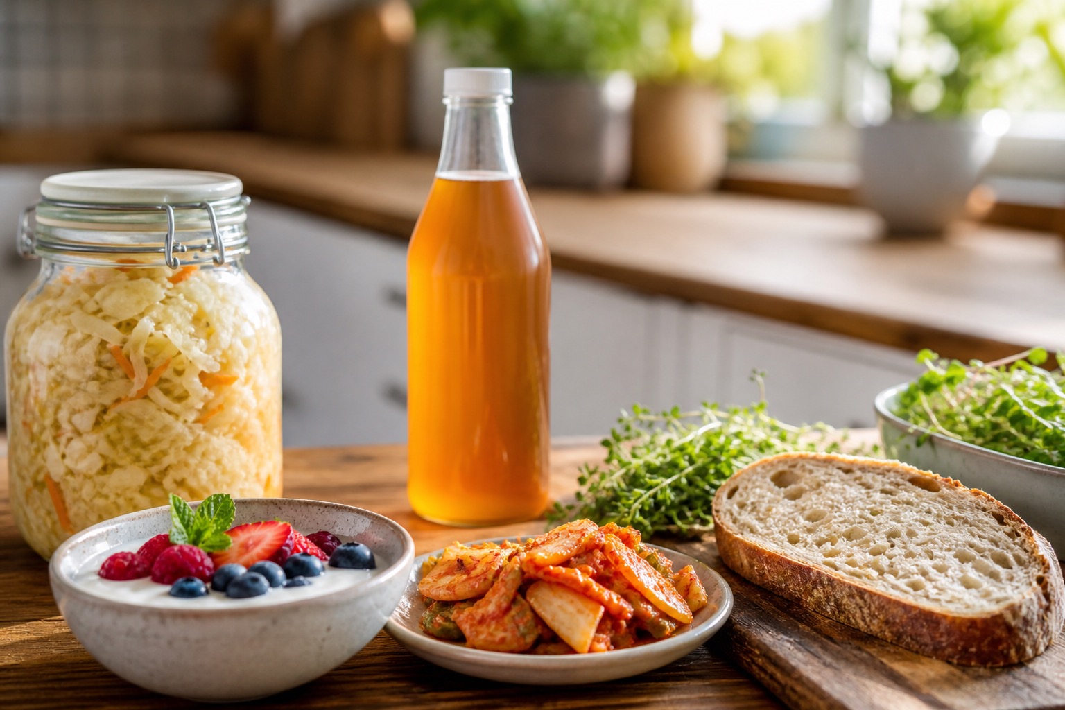 Mesa de cocina con yogur, chucrut, kombucha y otros alimentos fermentados en luz natural