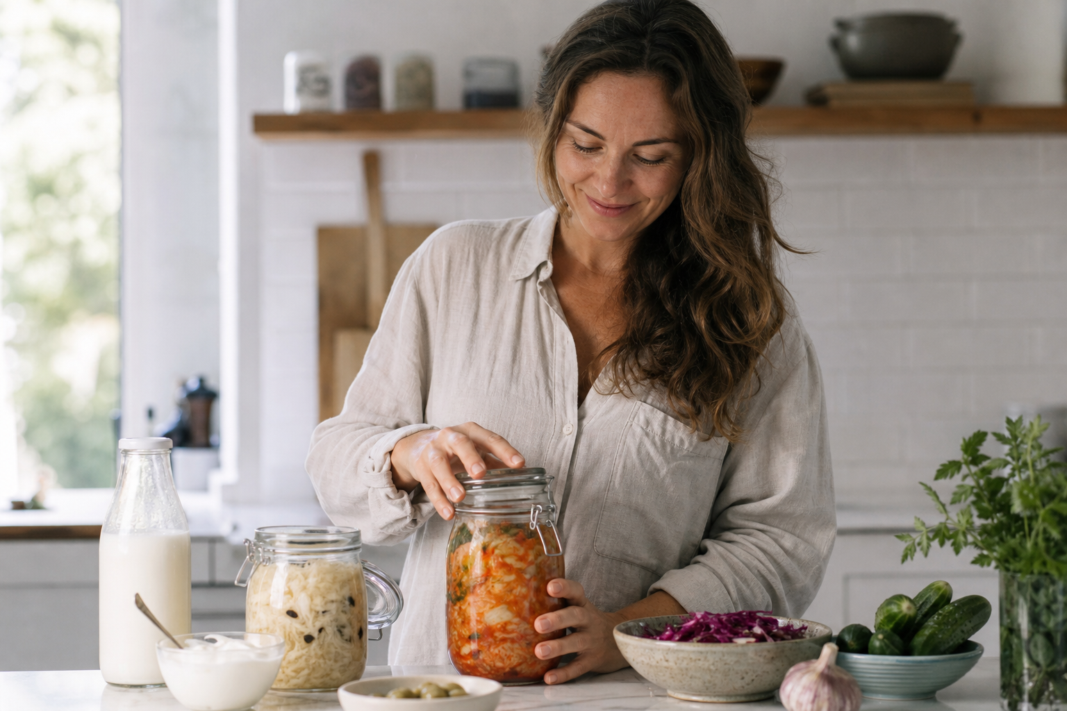 Mujer incorporando alimentos fermentados en su rutina diaria en la cocina
