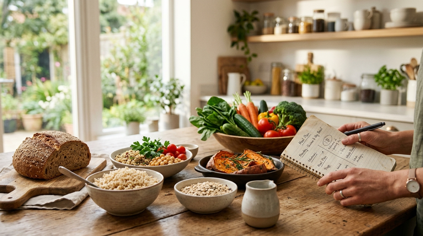 Mesa de cocina con cereales integrales, legumbres y verduras junto a notas de planificación de menús