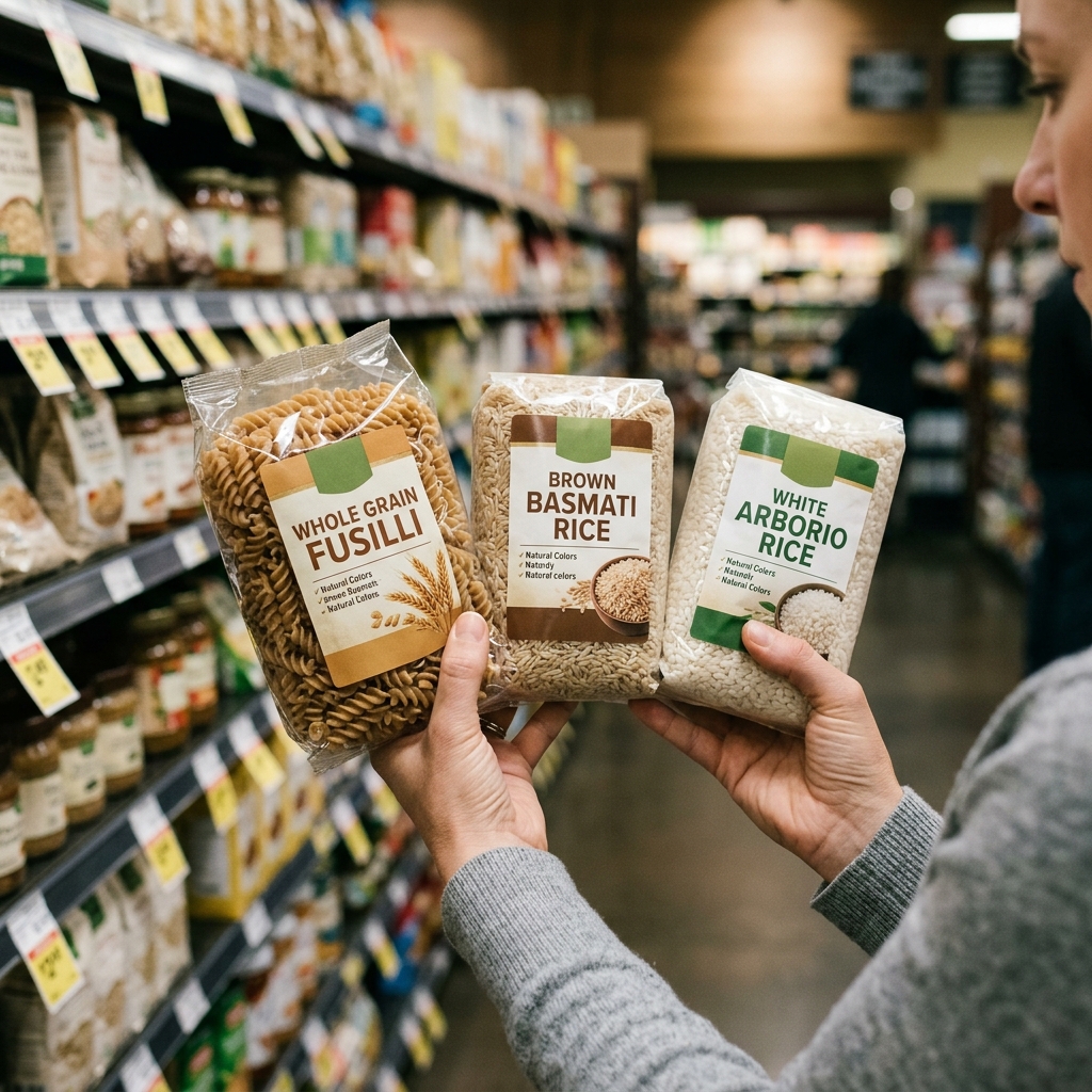 Persona comparando cereales integrales y refinados en el lineal del supermercado