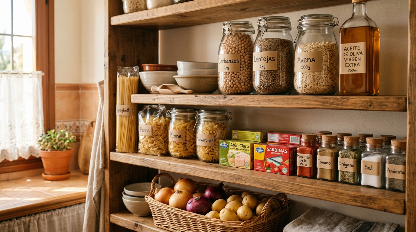 Despensa organizada con legumbres, cereales integrales, conservas y especias básicas