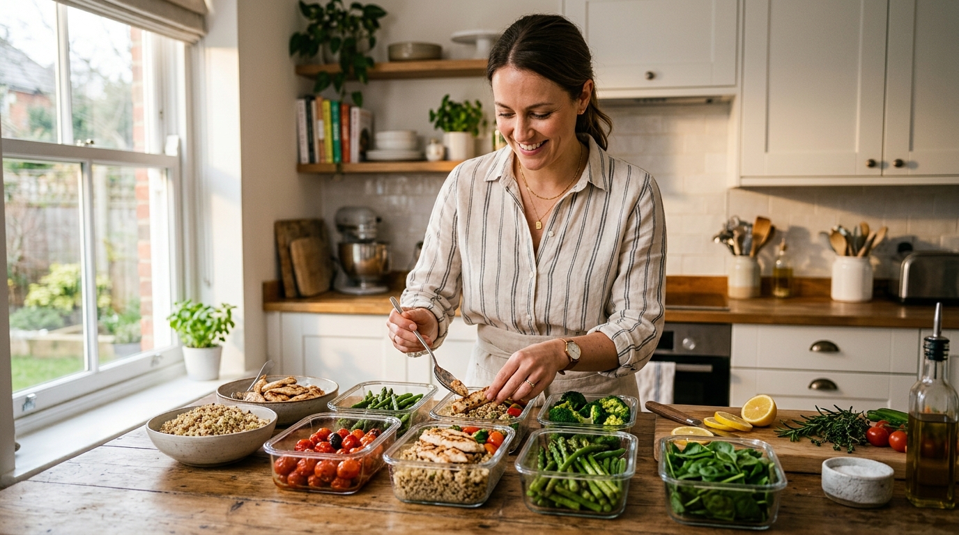 Mujer preparando tuppers saludables con verduras y proteína en cocina luminosa