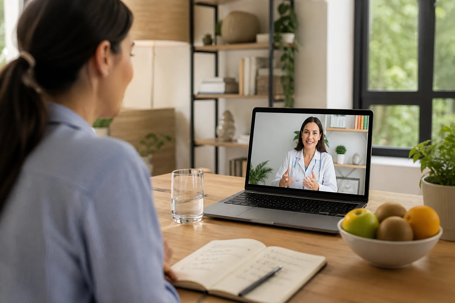 Mujer en videoconsulta con dietista-nutricionista desde su despacho en casa