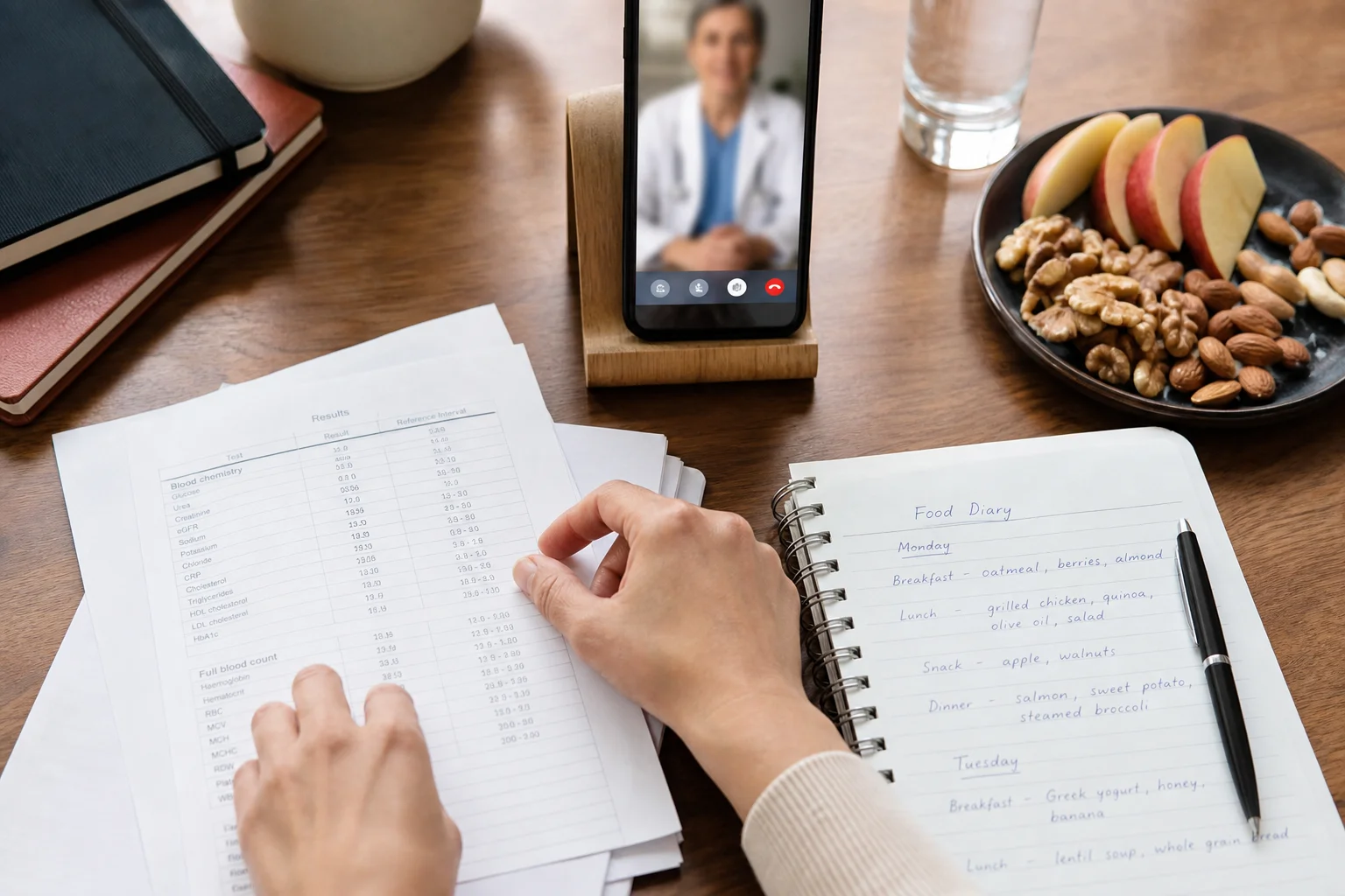 Documentos y diario alimentario preparados para una consulta online con dietista