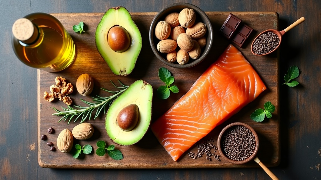 Alimentos ricos en grasas saludables: aguacate, aceite de oliva virgen extra, frutos secos y salmón sobre mesa de madera