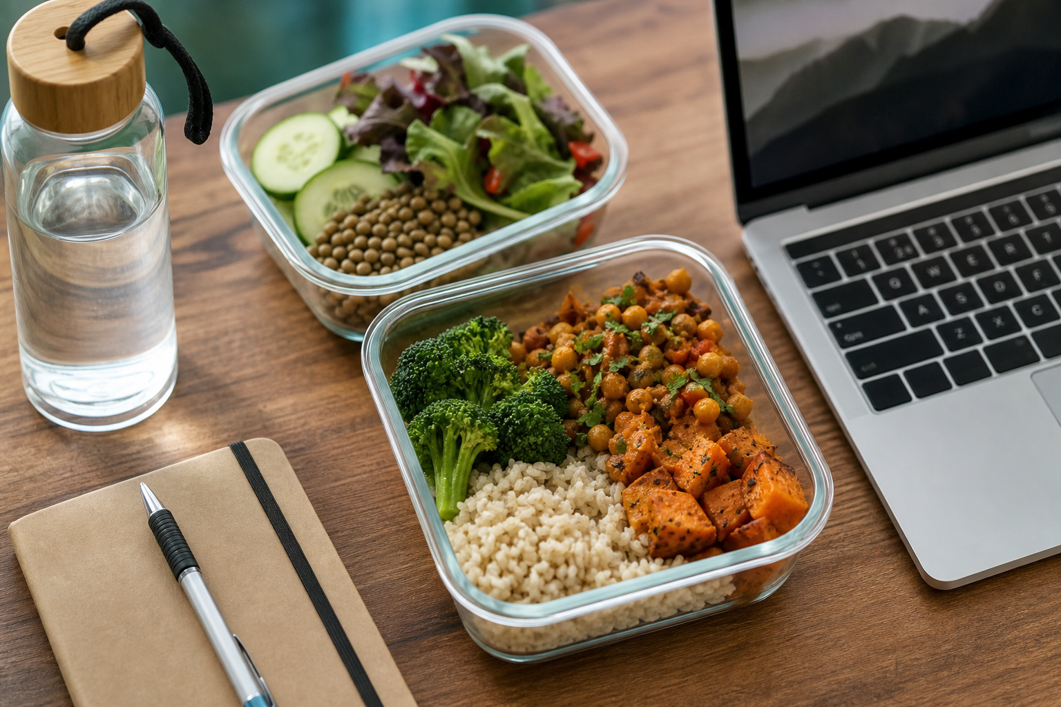 Tuppers preparados en el escritorio de teletrabajo con comidas equilibradas