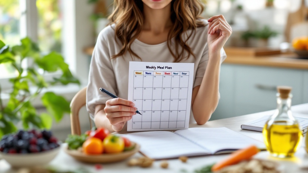 Nutricionista revisando plan alimentario antiinflamatorio con alimentos saludables sobre la mesa