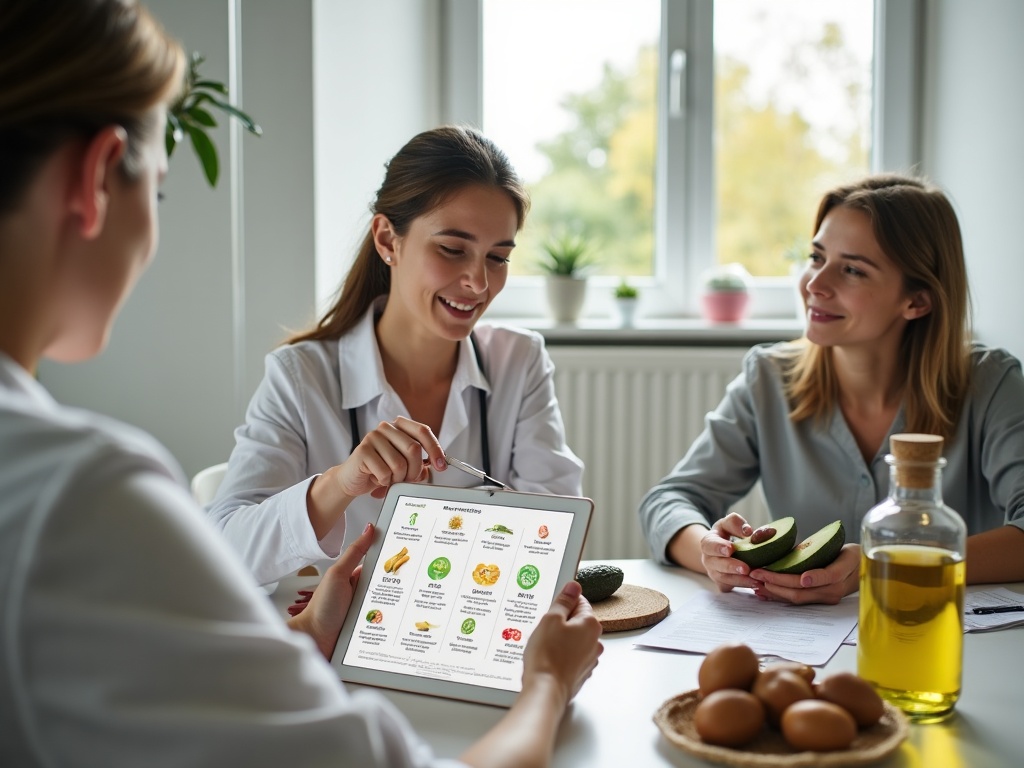 Nutricionista explicando grasas saludables a paciente en consulta