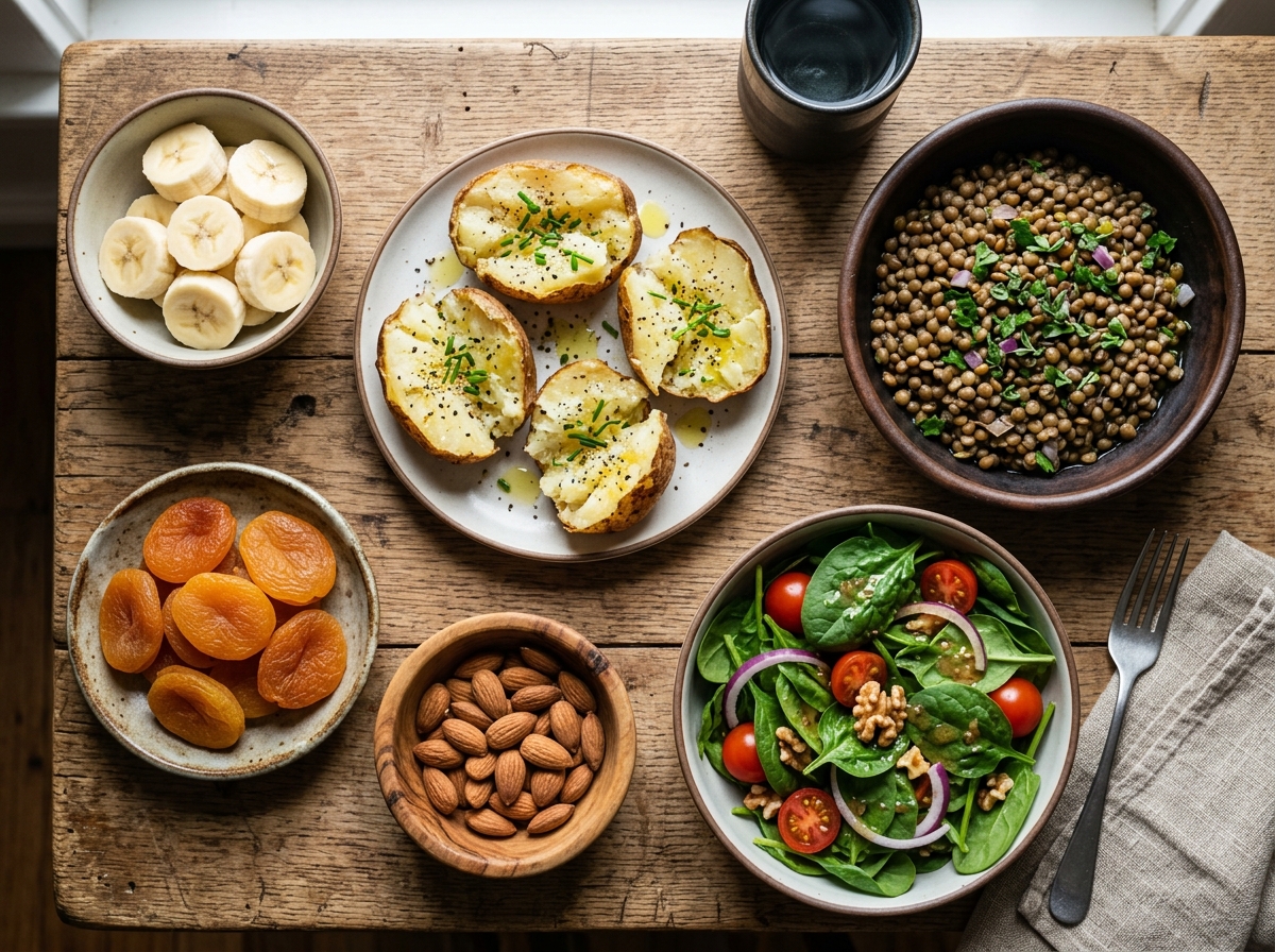 Alimentos ricos en potasio: plátano, patata, legumbres, espinacas y frutos secos