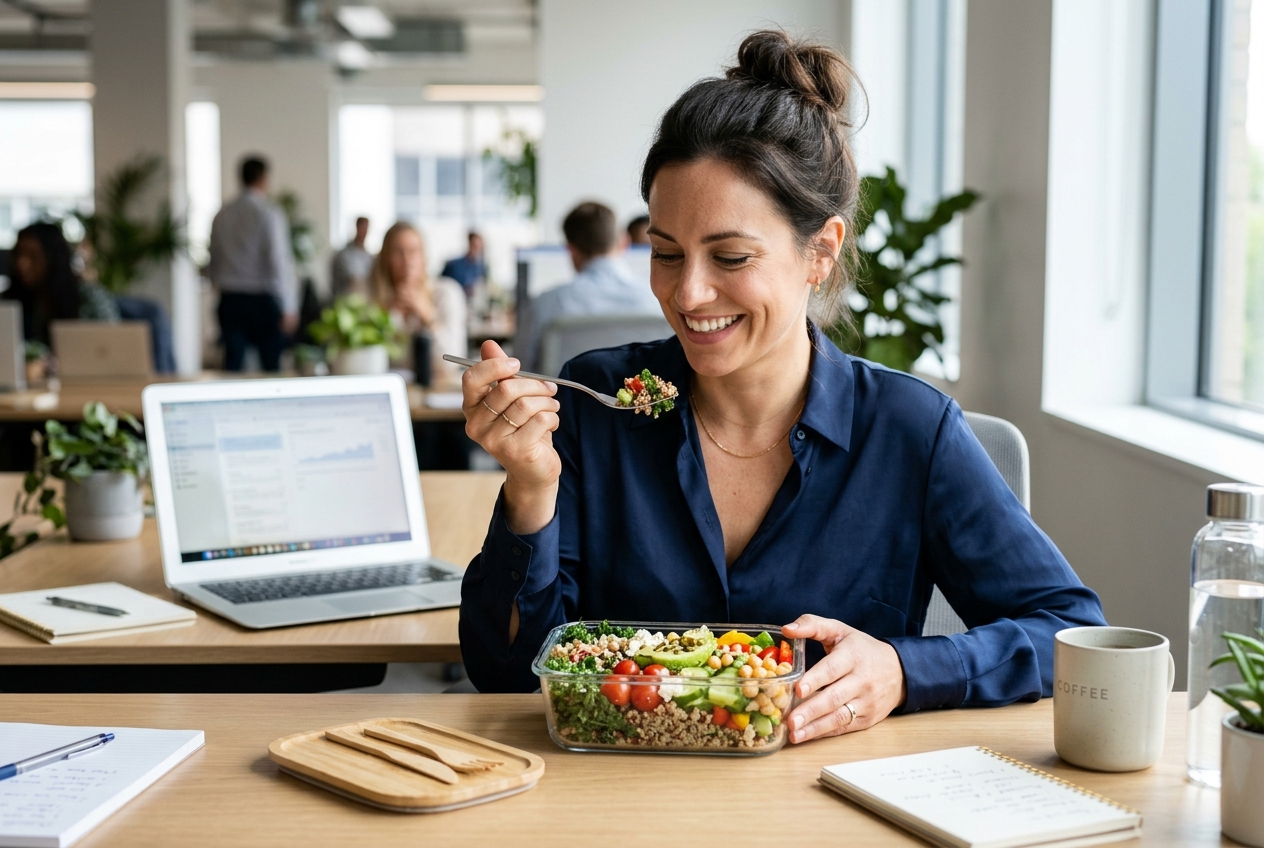 Mujer comiendo almuerzo saludable de tupper en la oficina