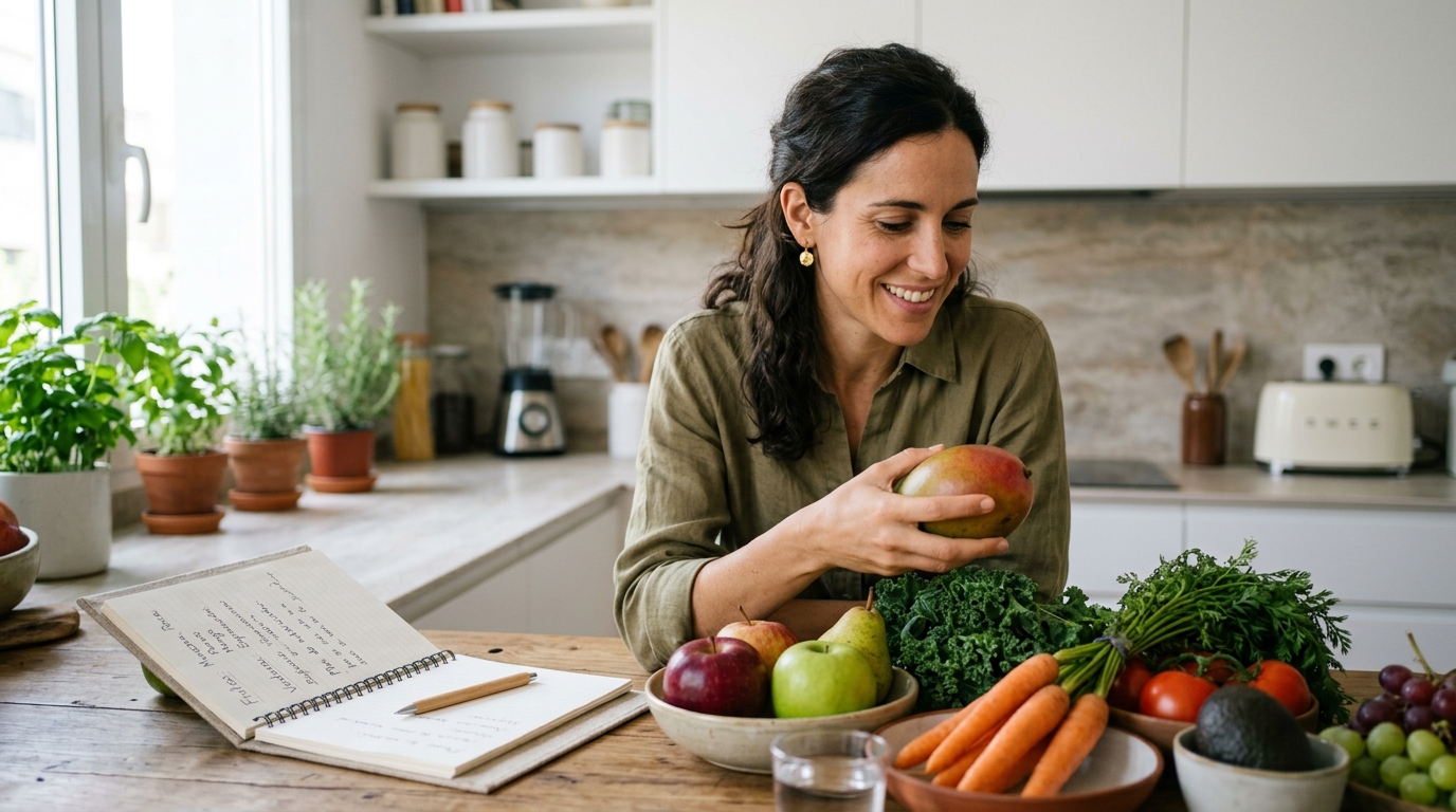 Mujer revisando frutas y verduras en cocina, guía sobre intolerancia a la fructosa