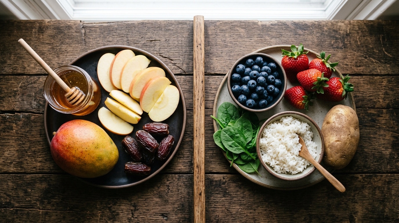 Comparación de alimentos con alto y bajo contenido en fructosa sobre una mesa de cocina