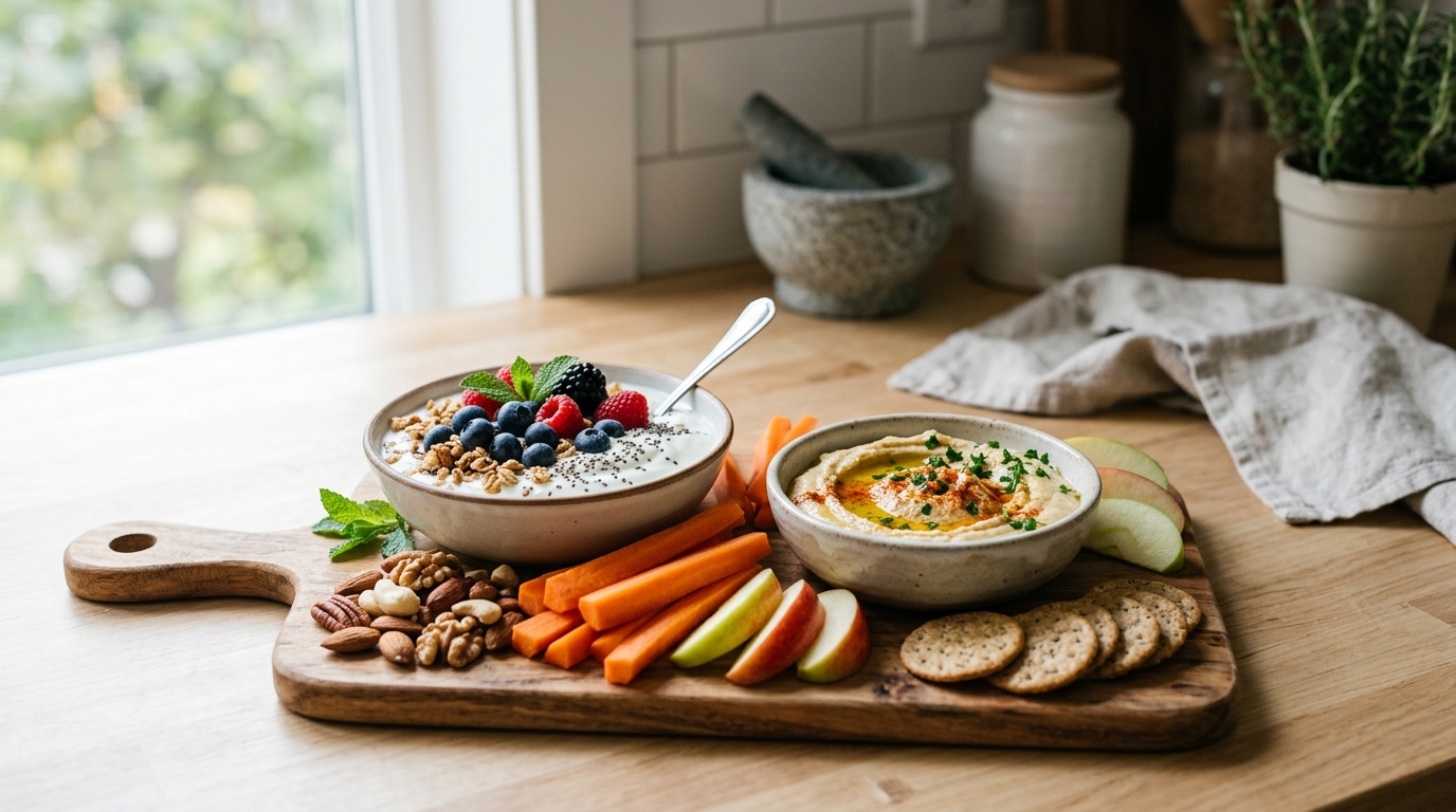 Meriendas saludables en encimera de cocina: yogur con frutos rojos, hummus con verdura, frutos secos y fruta