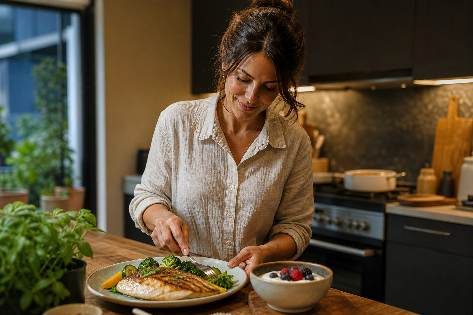 Cena ligera equilibrada en cocina moderna: pescado con verduras y yogur con frutos rojos