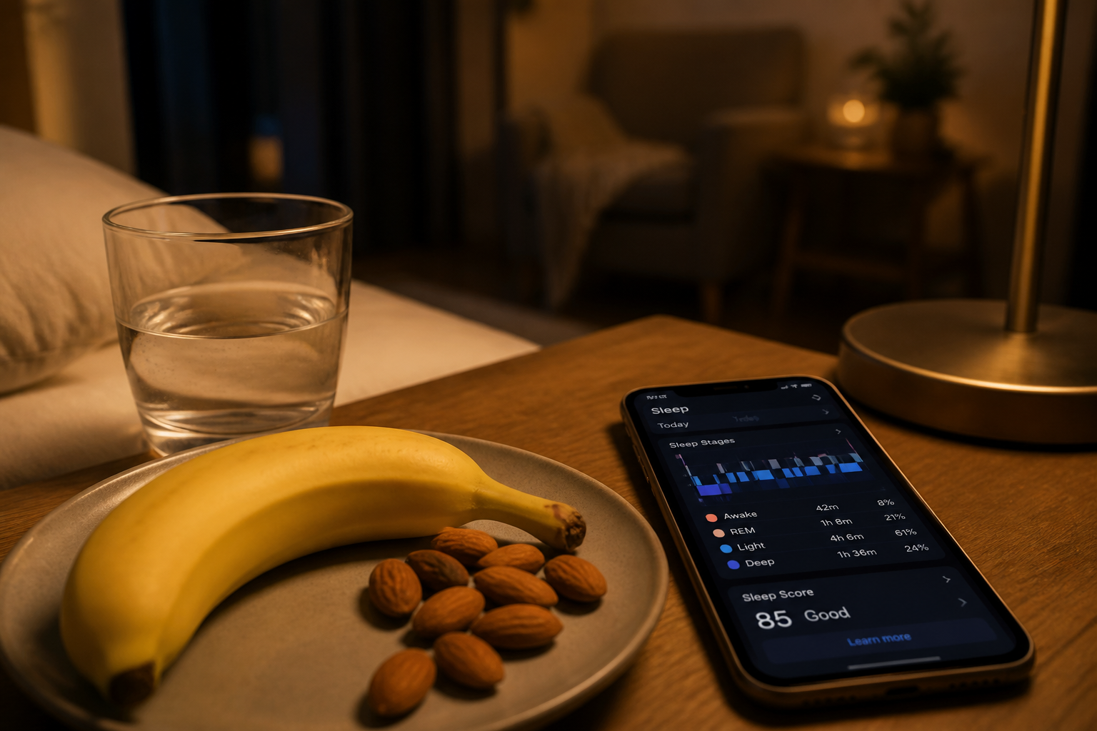 Mesa de noche con agua, fruta seca y registro de sueño en el móvil