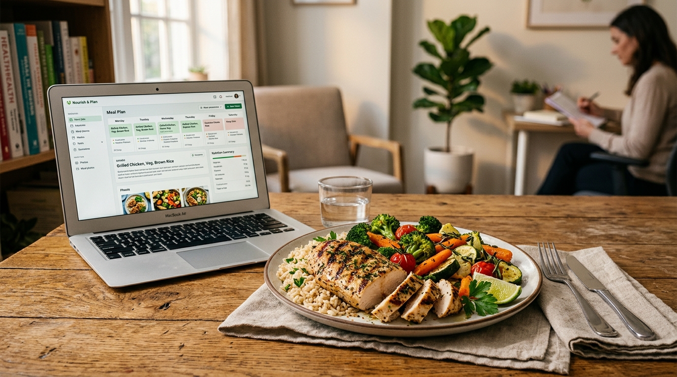 Plato equilibrado con verduras, proteína y cereales integrales junto a un portátil con planificación de menús