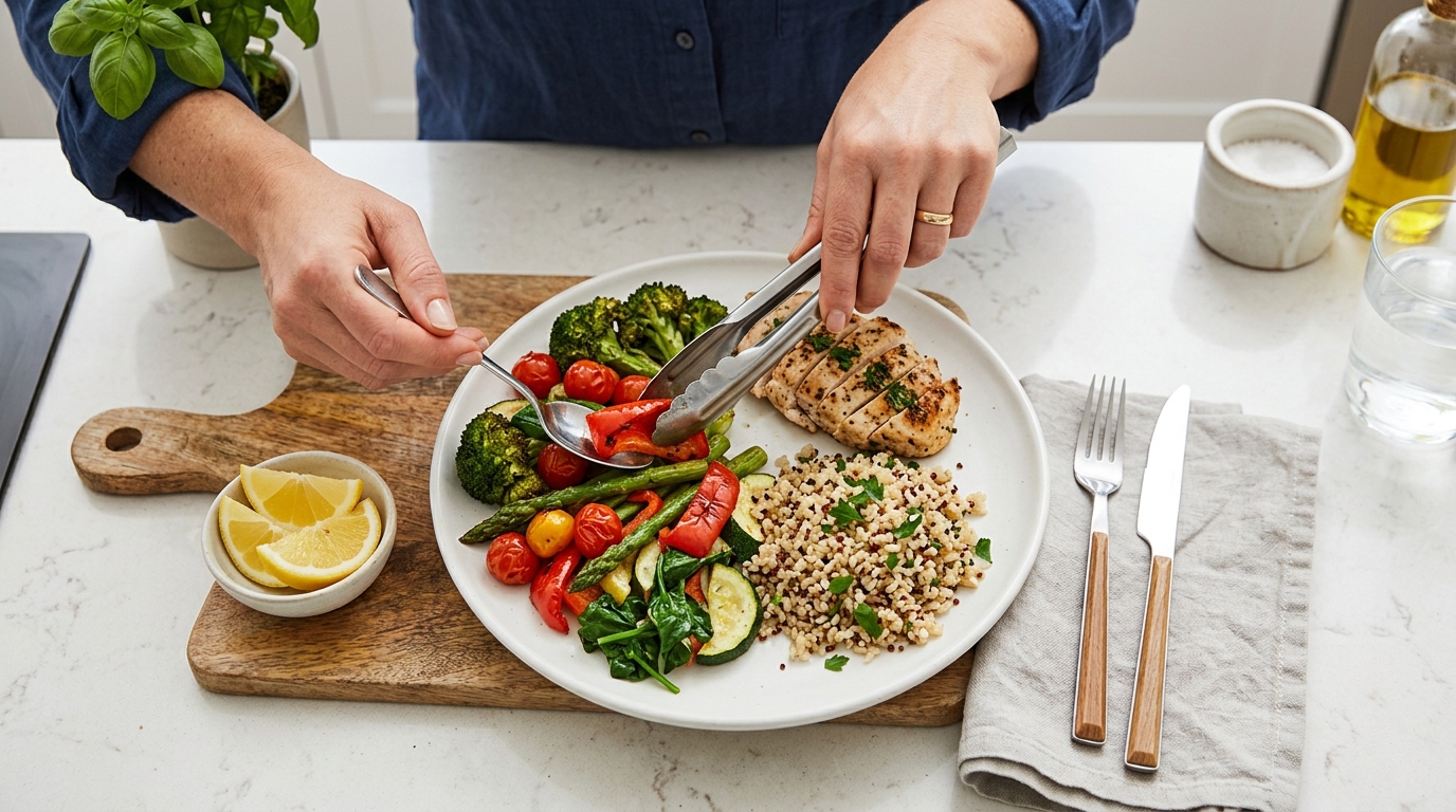 Manos organizando un plato equilibrado con verduras, proteína y cereales integrales
