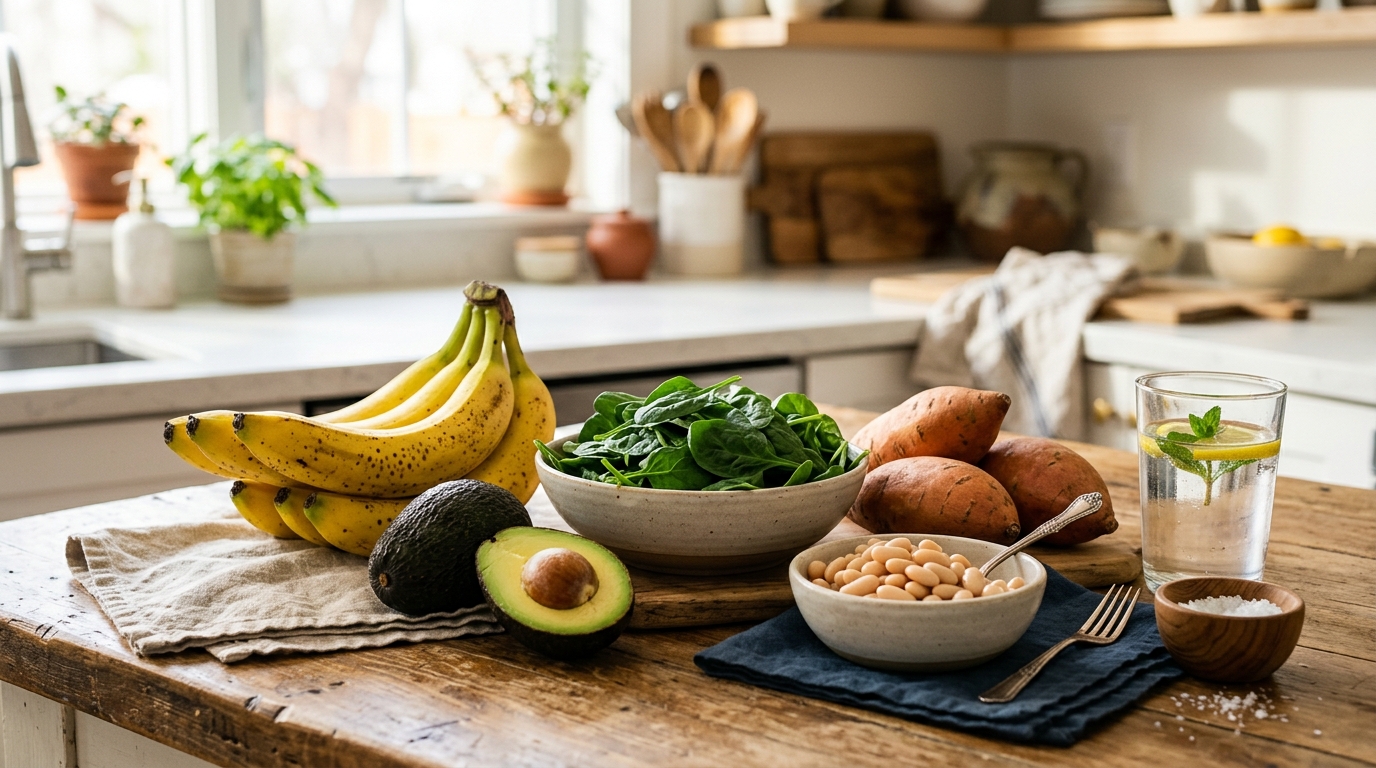 Potasio: alimentos ricos en fruta, verdura, legumbres y tubérculos sobre encimera de cocina