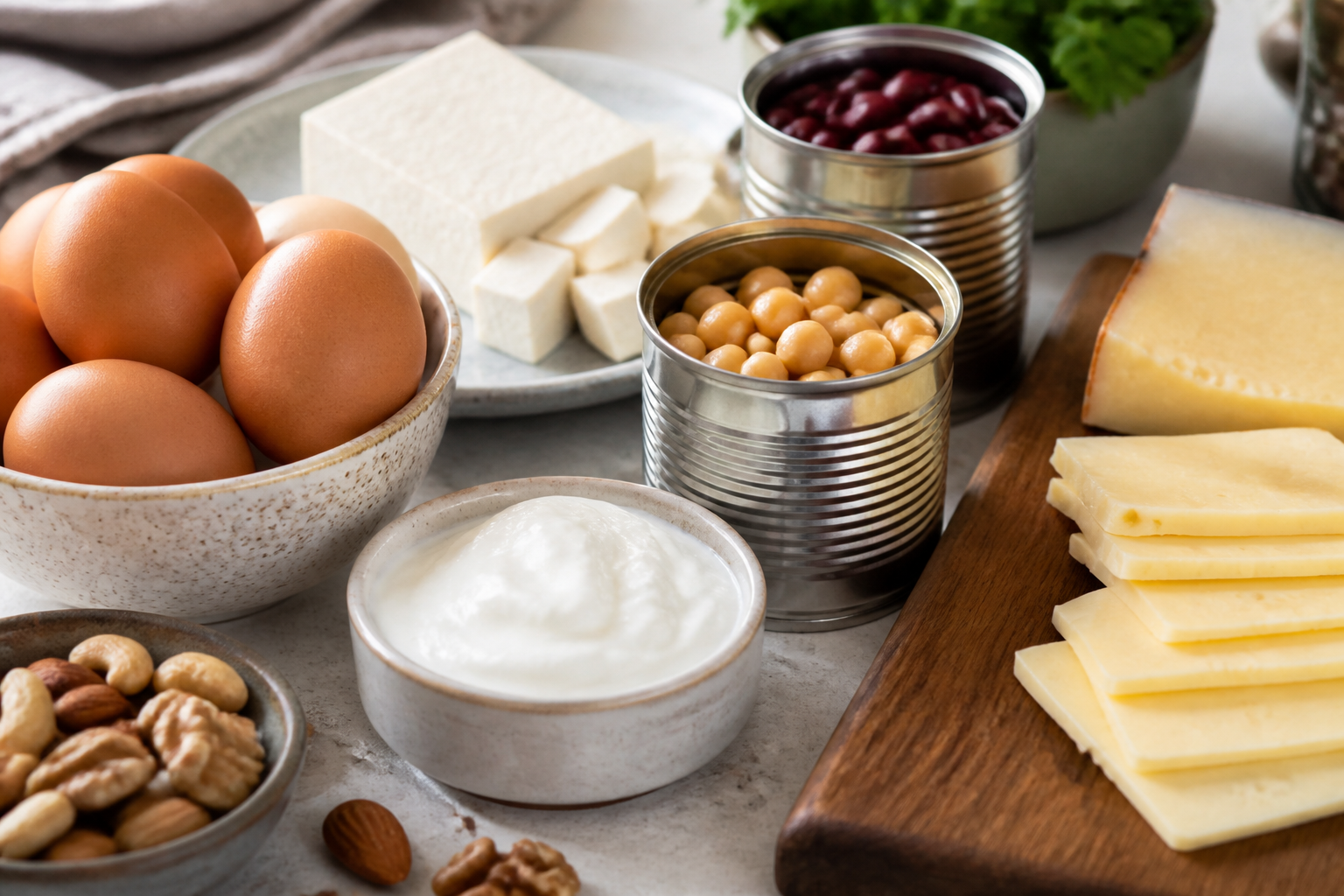 Fuentes de proteína variadas en una cocina: huevos, yogur, legumbres, tofu y frutos secos