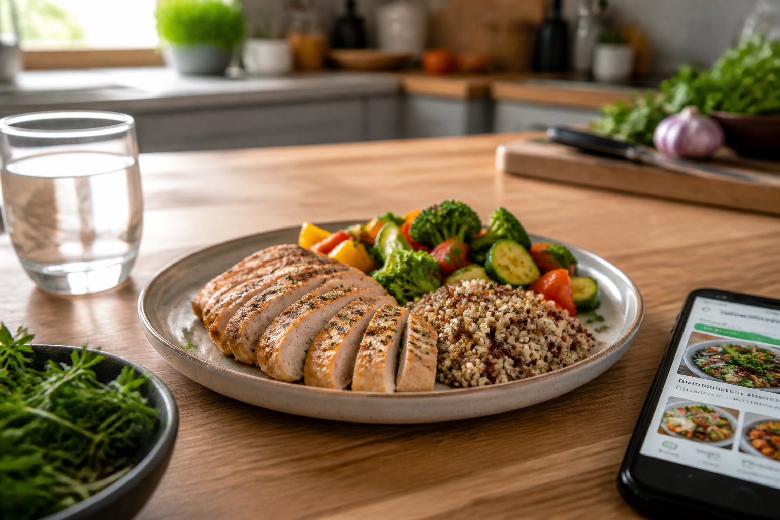 Plato equilibrado con proteína, verduras y quinoa en una cocina moderna