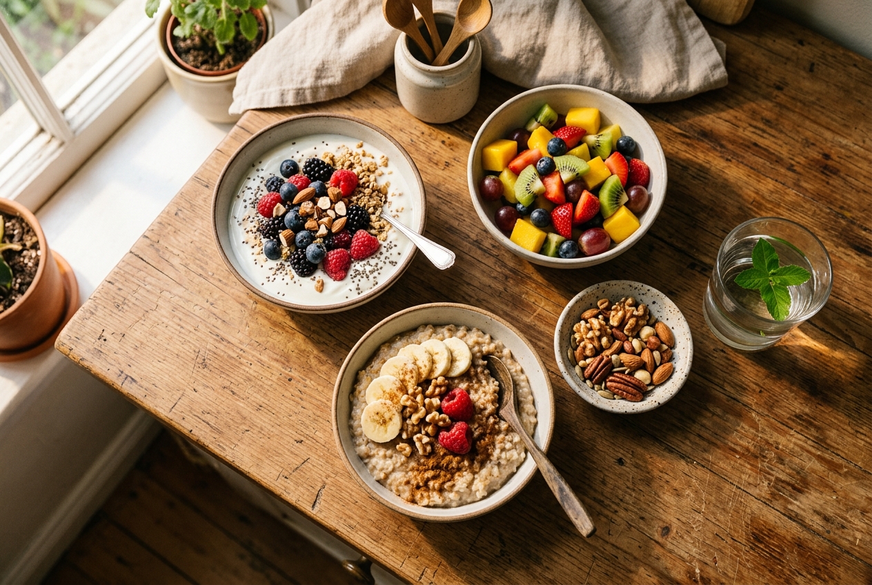 Desayuno bajo en azúcar añadida: yogur griego con frutos rojos, avena con canela, fruta fresca y frutos secos en encimera de cocina