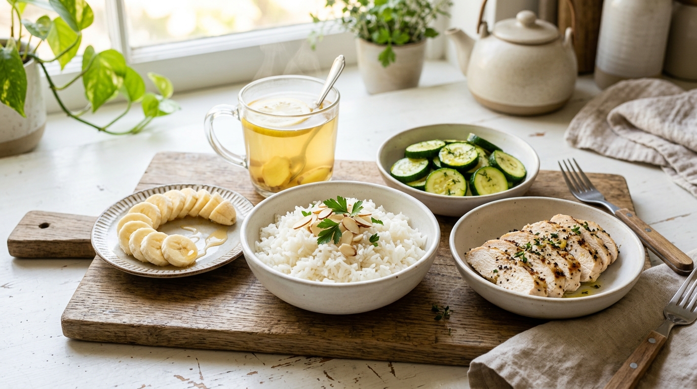 Plato suave para digestión cómoda con arroz, pollo y verduras cocidas