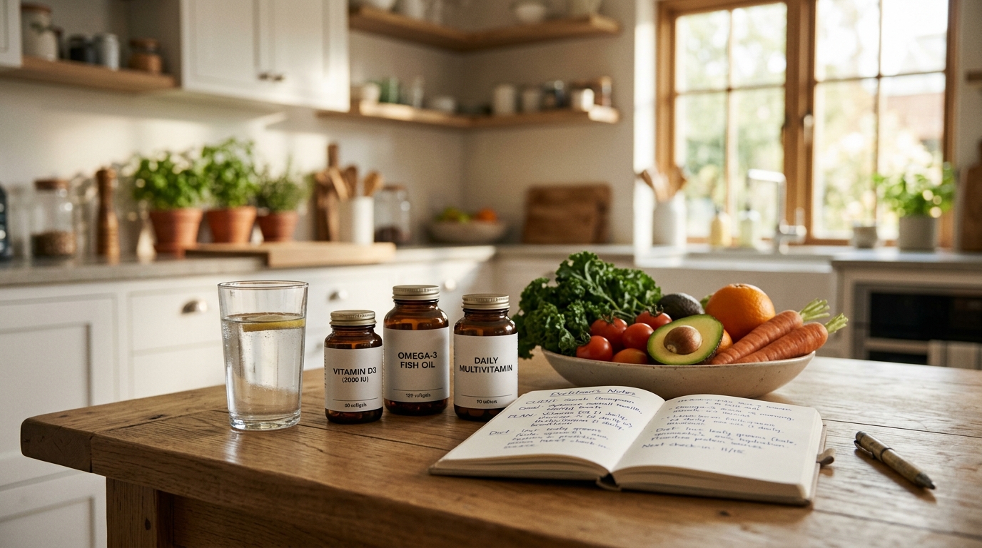 Mesa de cocina con suplementos, agua, verduras y notas de planificación nutricional