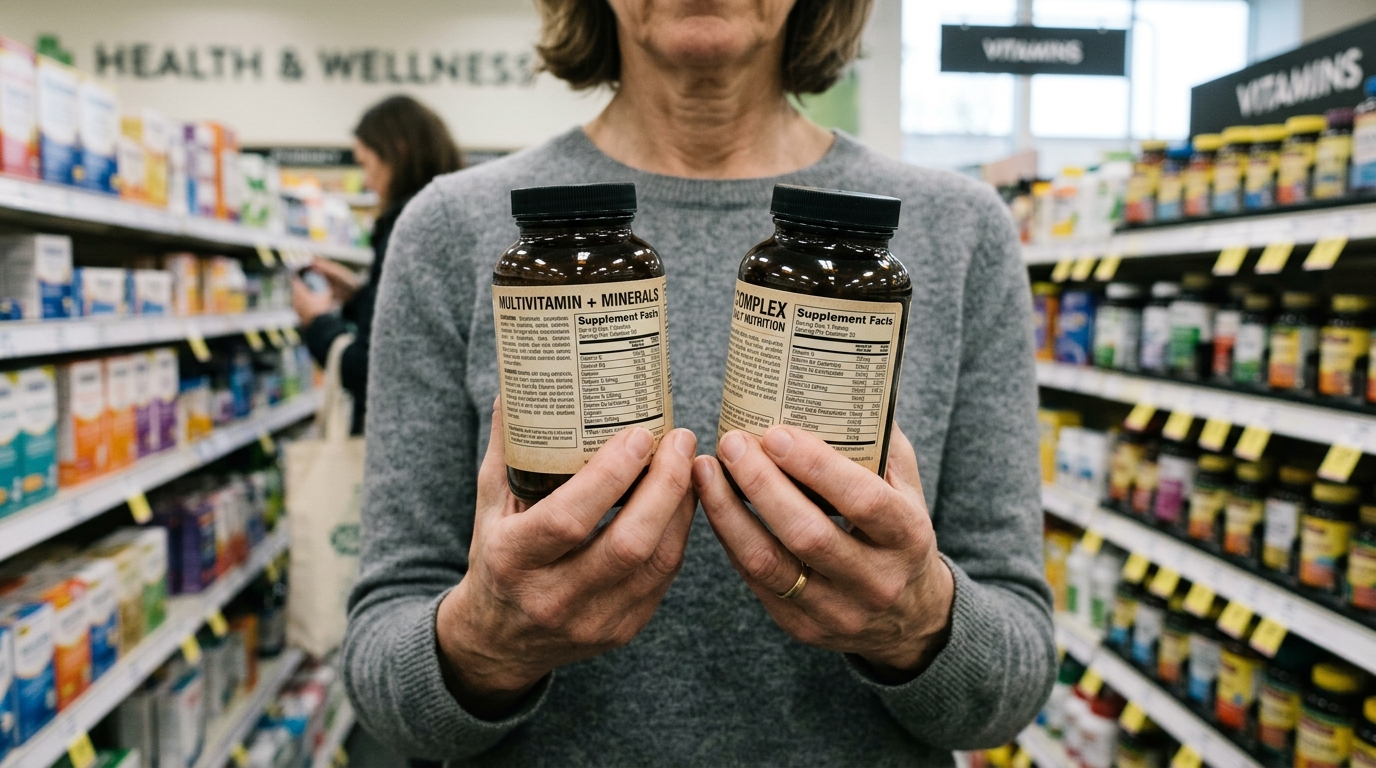 Persona comparando etiquetas de suplementos en un lineal de farmacia o supermercado