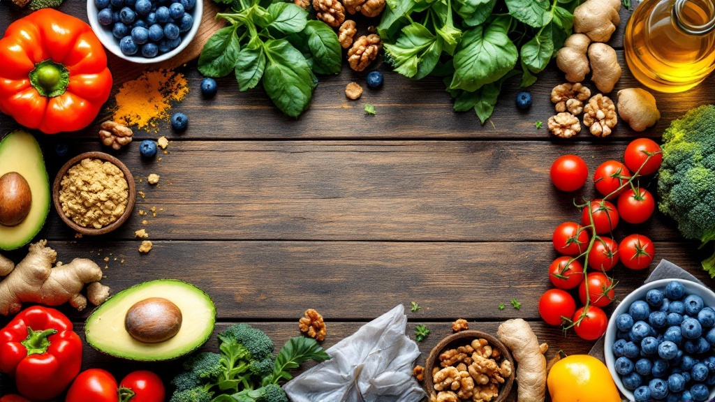 Alimentos antiinflamatorios: salmón, arándanos, aguacate, cúrcuma y verduras sobre mesa de madera