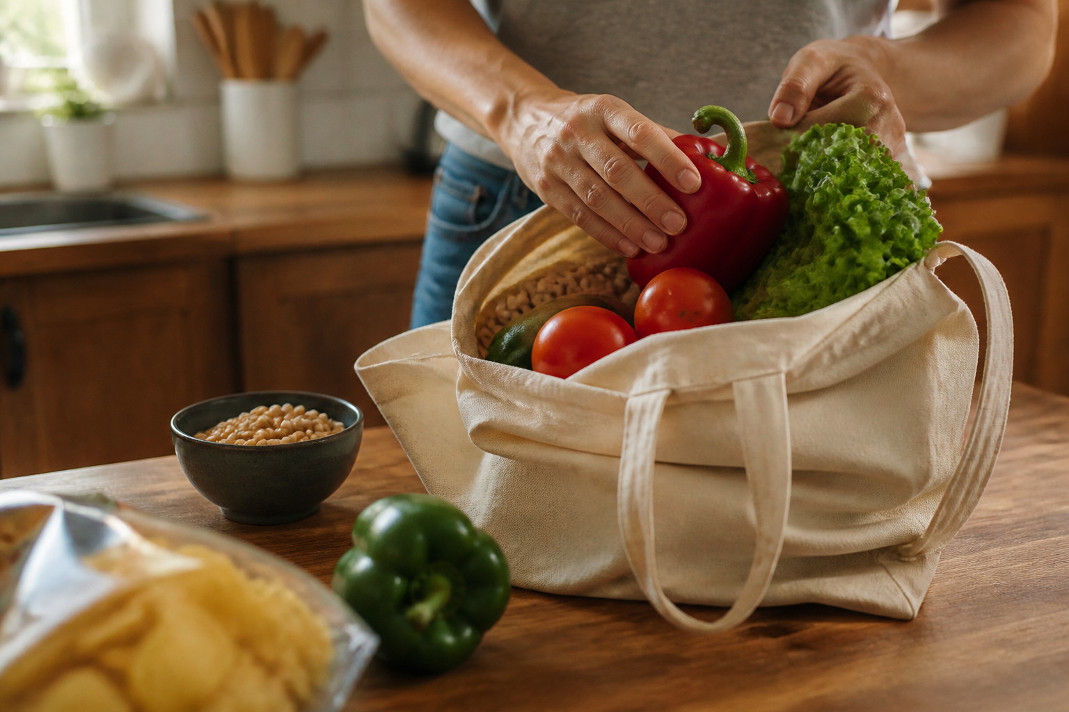 Bolsa de compra con verduras frescas y legumbres frente a un snack ultraprocesado apartado