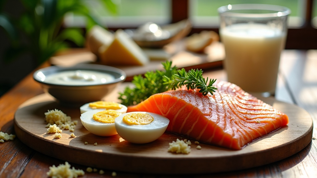 Alimentos ricos en vitamina B12: salmón, huevos, queso, ostras e hígado sobre mesa de madera