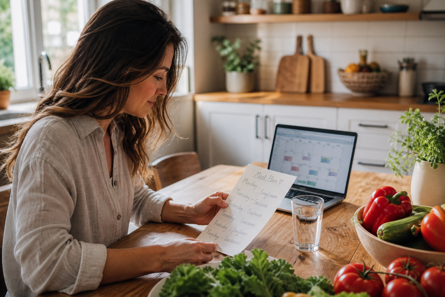 Mujer planificando menú semanal saludable en cocina moderna con verduras frescas