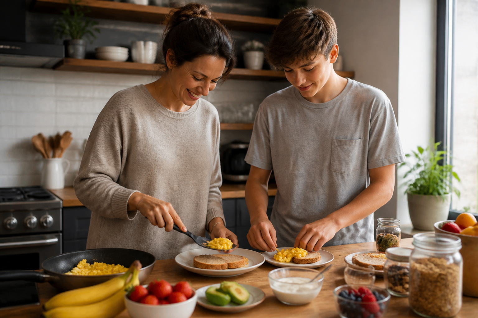 Madre y adolescente preparando un desayuno equilibrado con tostadas, huevo, fruta y yogur en una cocina luminosa
