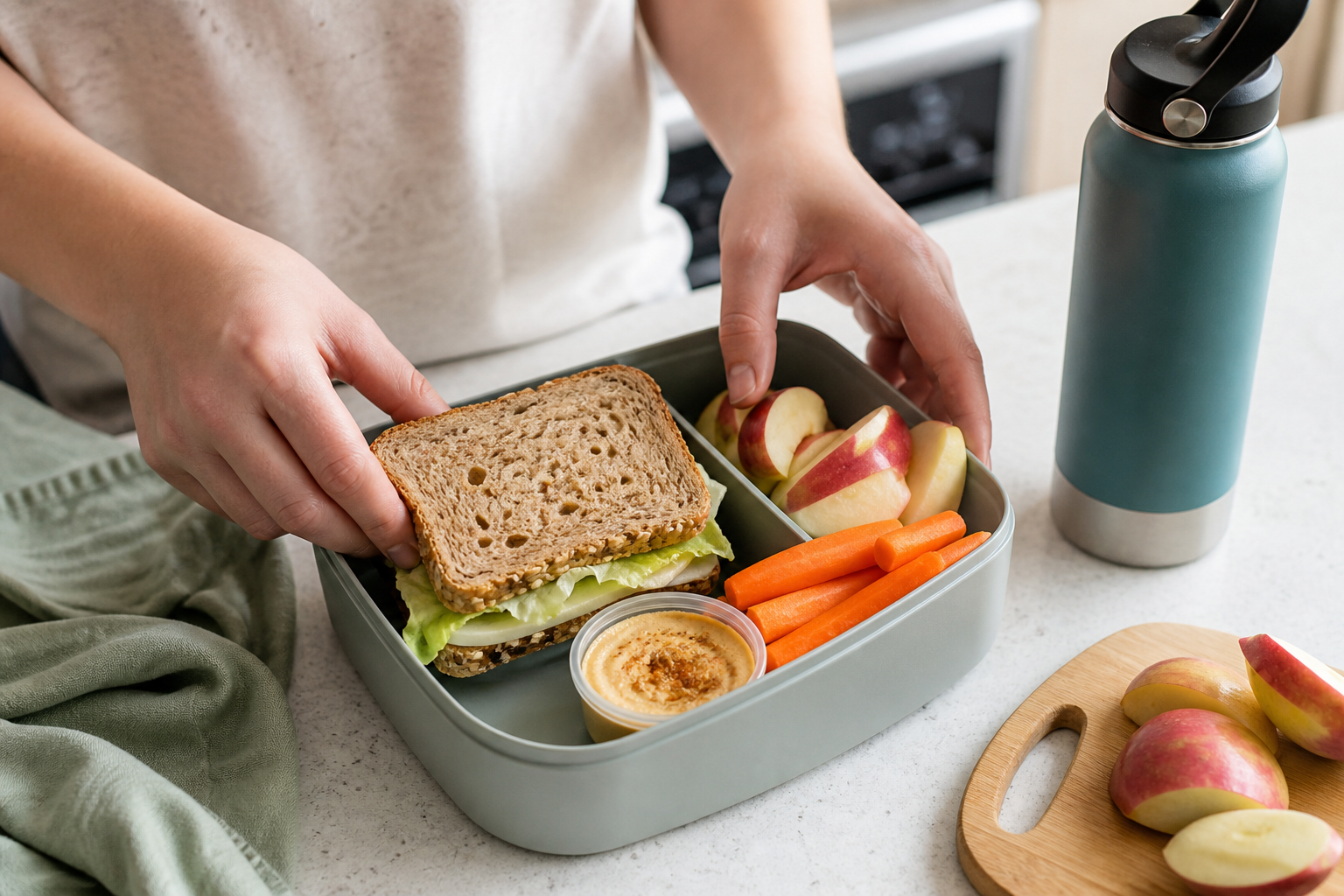 Tupper saludable con bocadillo integral, zanahorias, manzana y botella de agua