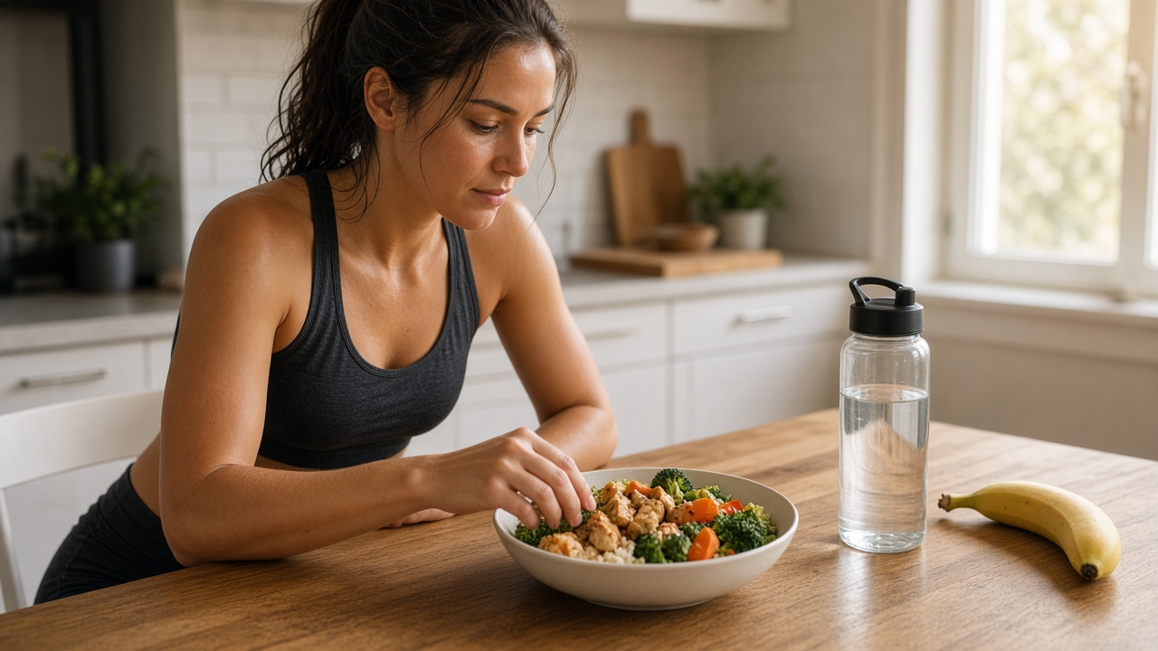 Corredora revisando su comida post-entreno en una cocina luminosa con bowl saludable y agua