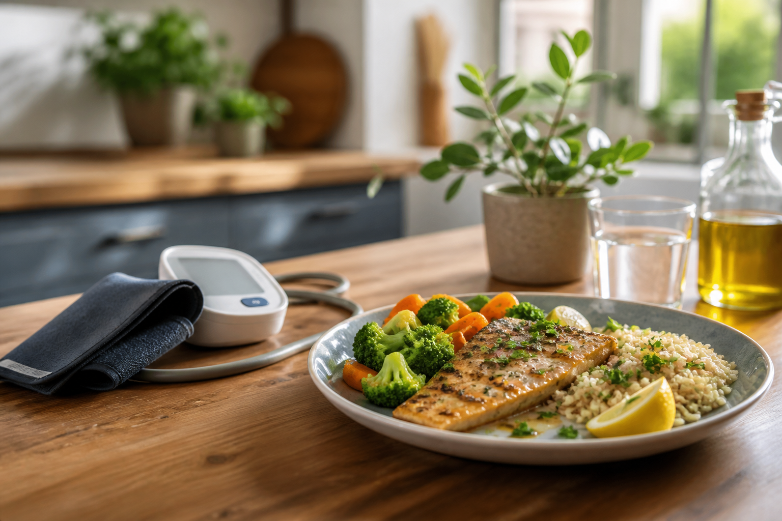 Plato mediterráneo equilibrado con pescado y verduras, alimentación para hipertensión arterial
